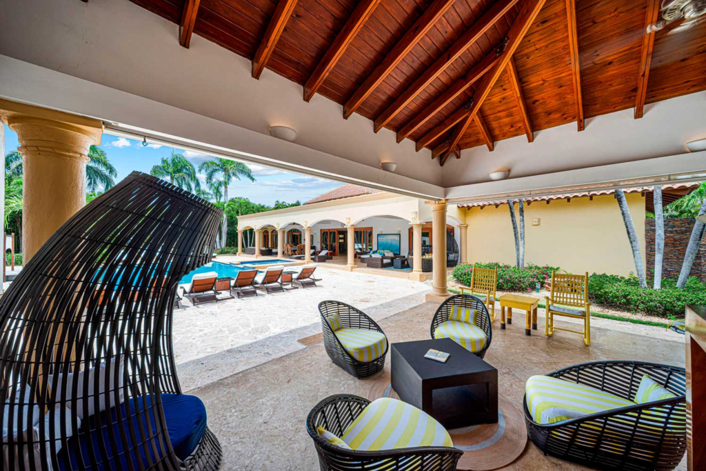 Outdoor seating beneath the timber roof