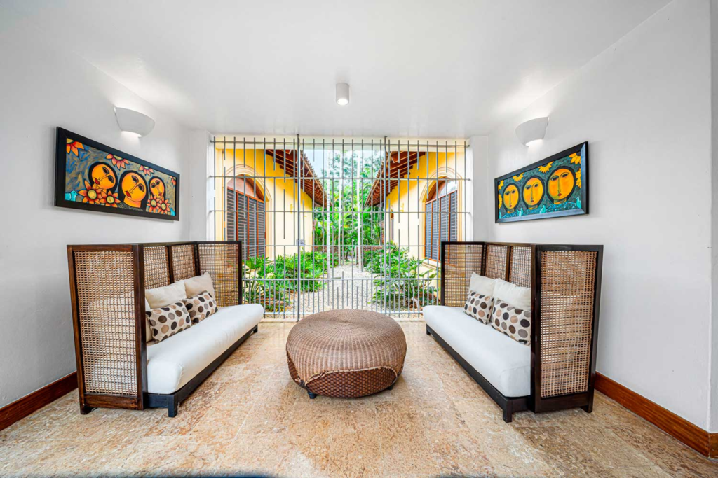 Seating area with patterned curtains