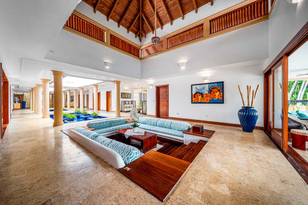 Sunken lounge beneath the timber ceiling