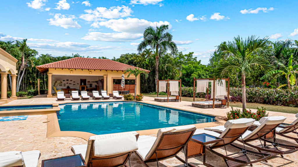 Pool and gazebo with outdoor seating
