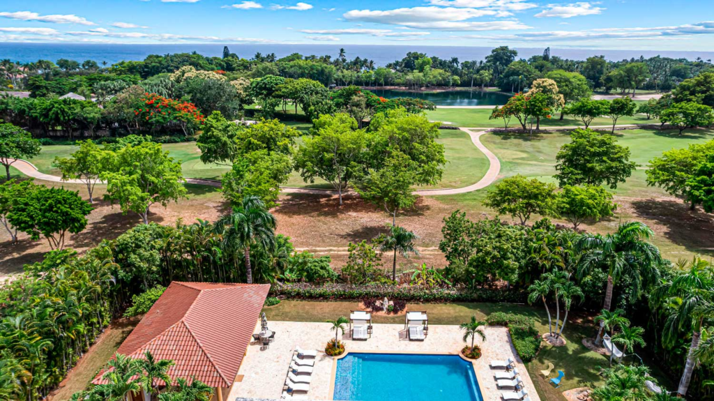 Aerial view across the golf course and lake